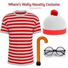 Adult Where’s Wally Costume Striped Shirt Hat World Book Week Fancy Dress Outfit
