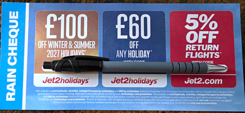 Jet2 rain cheque 100 off - cheque, £100