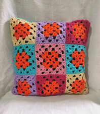 Vintage Retro Boho Granny Square Wool Crochet Cushion Double Sided 