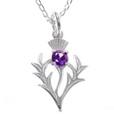Silver Scottish thistle pendant necklace with purple amethyst stone and 18"chain