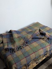 Vintage Reclaimed Tartan Wool Blue Green Yellow Blanket 140× 140cm