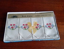 Vintage Irish Cabin Embroidered Linen Serviette Napkins Boxed