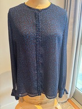 LK Bennett georgette collarless blouse in blue micro leopard print, Size 16