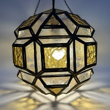 Vintage Spanish Brass Glass Faceted Textured Large Pendant Lantern 60s 70s Boho