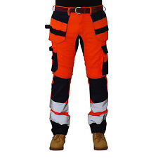 Mens Hi Vis Work Trousers 3 Line Stitching Cordura Knee Pockets Heavy Duty