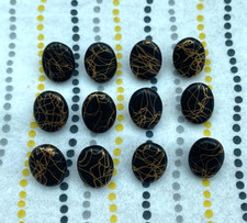 12 x Vintage Antique Glass/Ceramic Black and Gold Pattern Shank Buttons 12x9mm