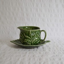 Vintage Sylvac 4683 Mint Sauce Boat Jug & Saucer Green Leaf Majolica Texture