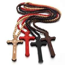 Chain Necklace Cross Pendant Crucifix Large Wood Jesus Christ Pendant UK