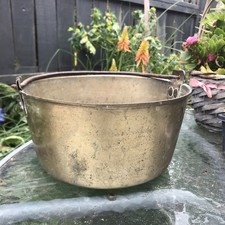 Vintage / Antique Brass Cooking Jam Pan Pot Cauldron Planter Cast Iron Handle