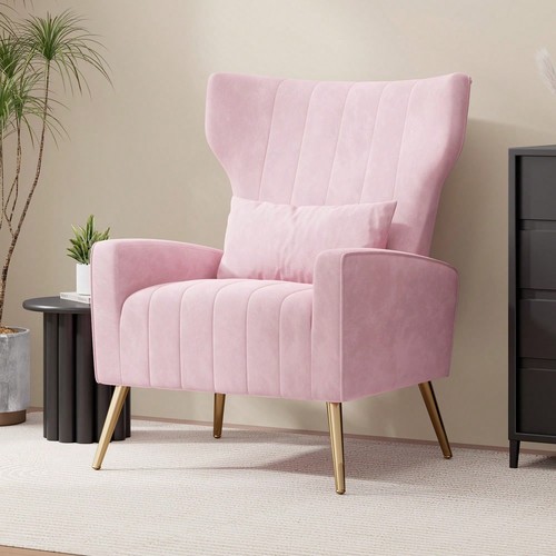 Pink velvet wingback armchair - pink,