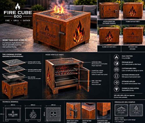 Fire cube 600 - fire, corten