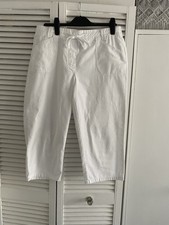 Ladies Cotton Traders Size 14 3/4 Cropped White Trousers Elastic Waist Loose