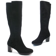 LADIES KNEE HIGH BLACK BOOTS CASUAL RIDING FASHION WINTER MID HEEL STRETCH SIZE