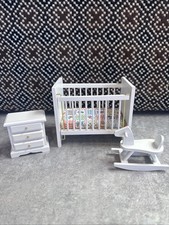 Vintage Dolls House Wooden Drop Side Cot,rocking Horse & Bedside Table