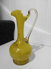 Vintage Canary Yellow Glass Daffodil Ruffle Vase Jug 1970's Floral Gold Gilt
