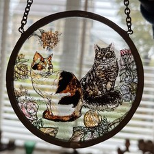 Vintage Lead Stained Glass Sun Catcher Tortoiseshell & Tabby Cat
