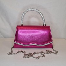 Fuschia Pink Metallic Textured Faux Leather Crystal Embellished Small Clutch Bag