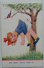 LITTLE GIRL Stuck Knickers Bird Gee Wiz Thats Torn It Colour PC Exeter 1938