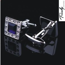 QUALITY MEN'S SILVER BLACK/BLUE CRYSTAL SQUARE CUFFLINKS WEDDING CUFF LINKS  