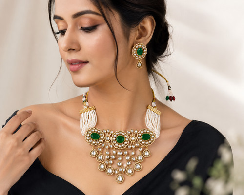 Green kundan pearl necklace - kundan,