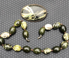 Antique Victorian Moss green serpentine brooch & bead wood necklace 17"long 132g