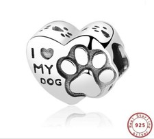 💖 I Love My Dog Charm Paw Print Heart Genuine 925 Sterling Silver Charm Bead