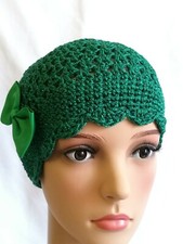 CROCHET CLOCHE HAT 1920 VINTAGE STYLE LADIES 1 SIZE EMERALD GREEN SHINE HANDMADE