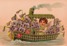 Edwardian Greetings Postcard Fantasy Cherub Sailing Boat Sea Hearts Flowers PFB