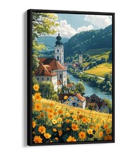 PRETTY TOWN AND FLOWERS BY THE RIVER FLOAT EFFECT FRAME CANVAS ART PIC PRINT