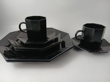 Arcoroc Black Glass Coffee Cups, Saucers, Side Plate & Dinner Plates - Set Of 2