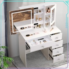 Modern Vanity Dressing Desk with 5 Drawers and LED Lighted Makeup Mirror White