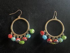00’S Vintage Copper Colour/Pastel Beaded Boho Style Hoop Statement Earrings VGC