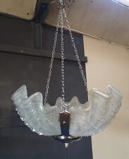 Vintage Art Deco Hanging Pendant Clam Shell Frosted Glass Chrome Light Shade 