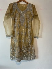 3Pcs Pastel Yellow Asian Embroidered Party Salwaar Kameez with Scarf & Trousers