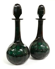 Antique Pair of Outstanding Green Glass Mallet Shaped decanters early 19th cent.