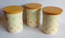 Kitchencraft Tea Coffee Sugar Sotted Ceramic Jars With Wooden Lids