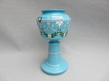 Antique Light Bristol Blue Opaline Glass Table Lustre Vase Hand Painted Floral