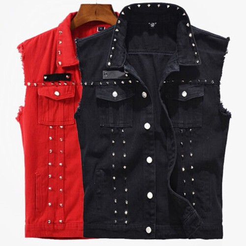Men punk studded denim gilet - studded,