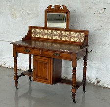 Edwardian Walnut Marble Top Washstand with Original Mirror –Tiled Back & Storage