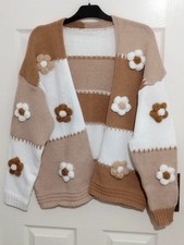 Floral Knitted Cardigan L/14, Crochet Daisies/Flowers Hippie Boho Vintage/Retro