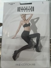 Wolford Tights Fine Cotton Rib Black Large New In Packet