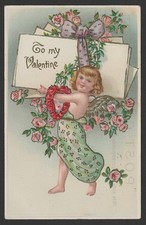 Valentine Embossed Postcard 1910s Cherub Roses
