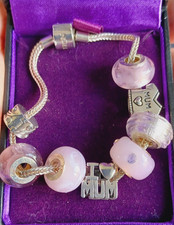 Sterling Silver 925 Charm Bracelet I LOVE MUM Pink Glass Charms Rhonda Sutton