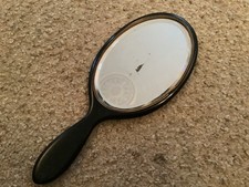 ANTIQUE 1920/30 HAND HELD BEVELLED DARK WOOD MIRROR -INITIAL L ON BACK