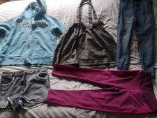 Girls 7-8 Clothes Bundle x5 Jeans Leggings Skirt Denim Shorts Zip Up Hoodie 