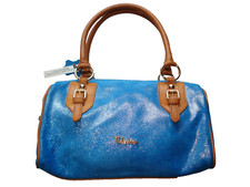 VALENTINA Italy blue shimmer leather Tote grab hand bag tan gold hardware