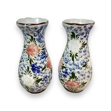 Vintage Hand Painted Studio Art Pottery Vase Set Of 2 Pink & Blue Floral Signed