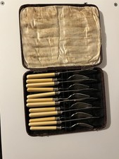 ART DECO English EPNS Silver Plate Fish Knife Fork Set Yellow Bakelite Handle