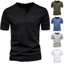 Mens Short Sleeve Henley T-shirt Button V Neck Casual Summer Grandad Shirts Tops