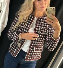 Zara Basic Tweed Jacket Size XS Red Blue Stripe Weave Gold Trim Blazer